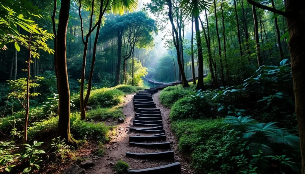 Hiking trail through forest leading to Nong Fa Lake