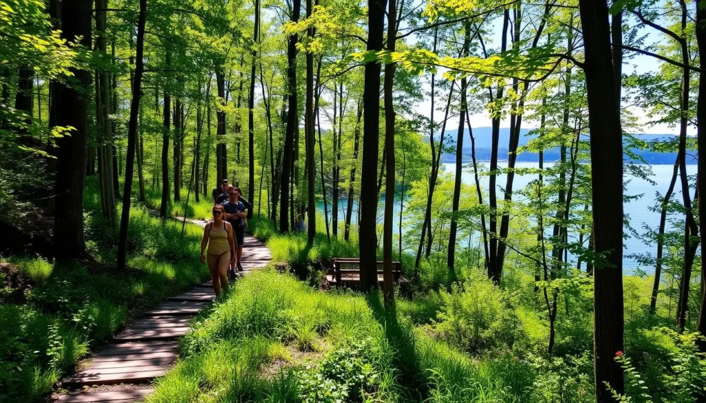 Hiking trail through forest near Lake Kimry with people enjoying nature