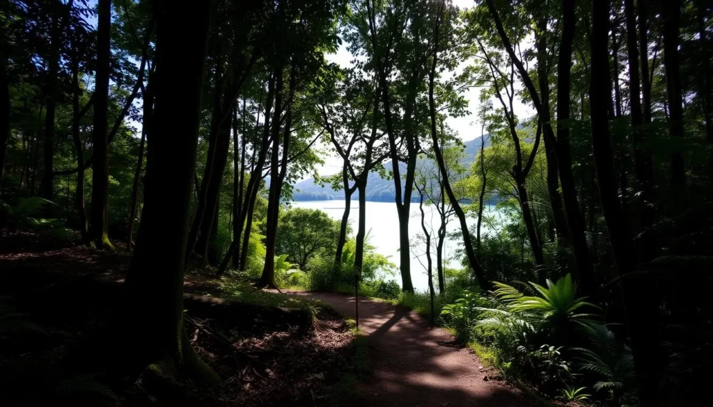 Hiking trail through lush forest near Lake Paniai with mountain views
