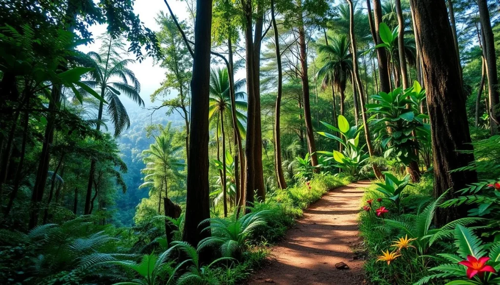 Hiking trail through lush rainforest near Lake Matano with diverse tropical vegetation