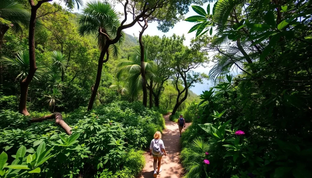 Hiking trail through lush tropical forest in the British Virgin Islands Hiking trail through lush tropical forest in the British Virgin Islands