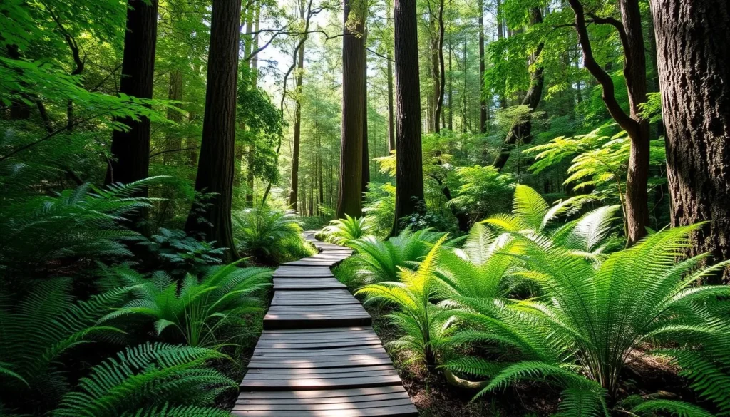 Hiking trail through native bush at Gray's Bush Scenic Reserve near Gisborne