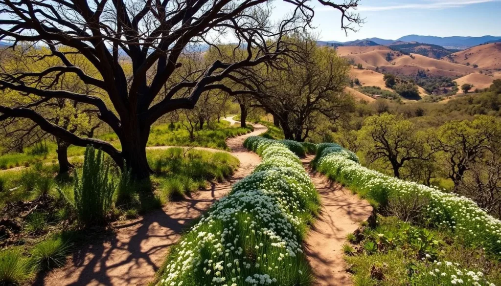 Hiking trail through oak woodlands near Paso Robles with wildflowers in spring