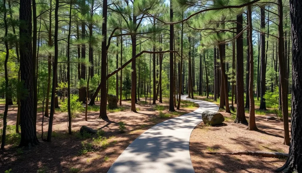 Hiking trail through pine forest at Dunns Creek State Park Hiking trail through pine forest at Dunns Creek State Park