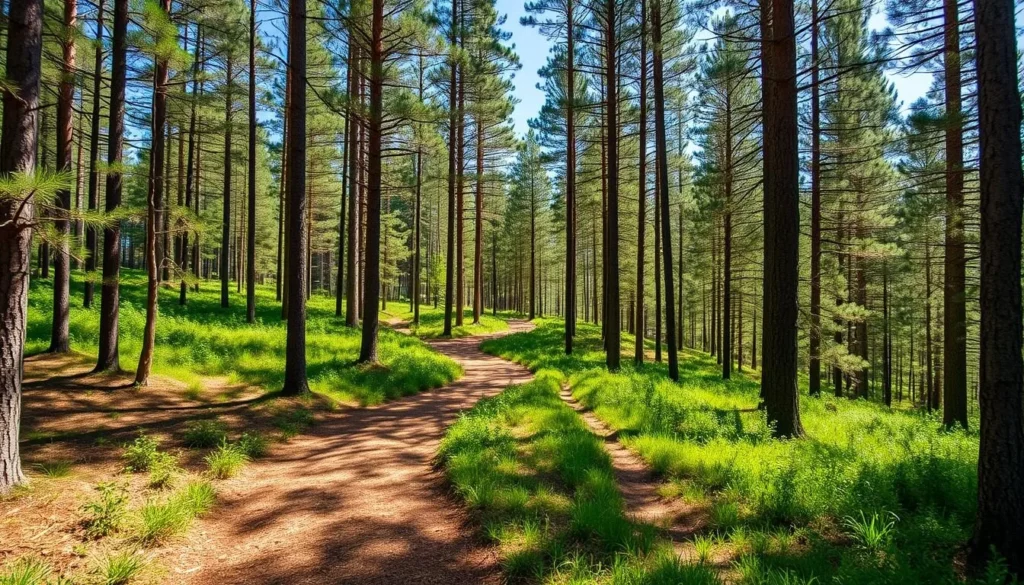 Hiking trail through pine forest in Khvalynsky National Park