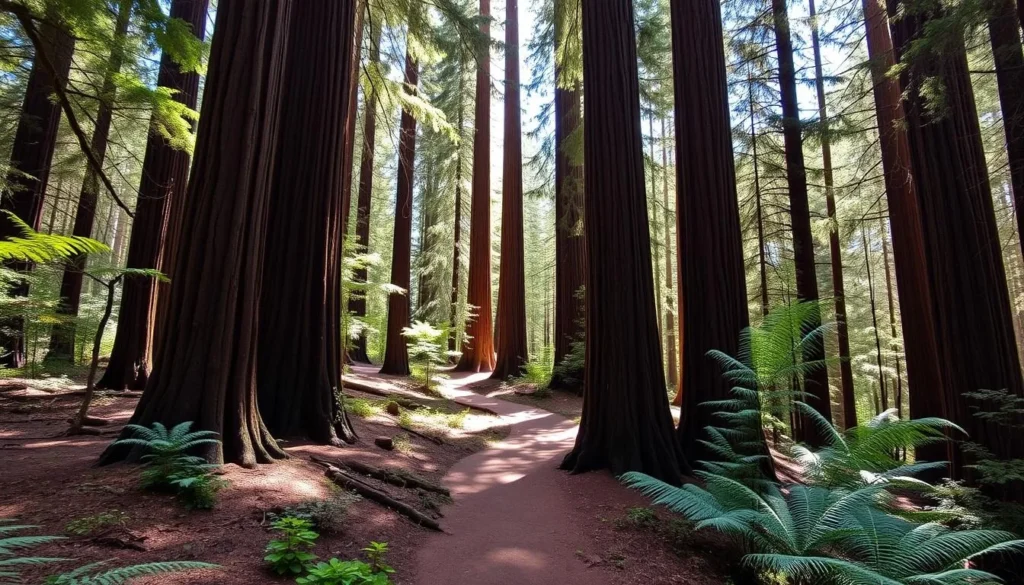 Hiking trail through redwoods at Kruse Rhododendron State Natural Reserve