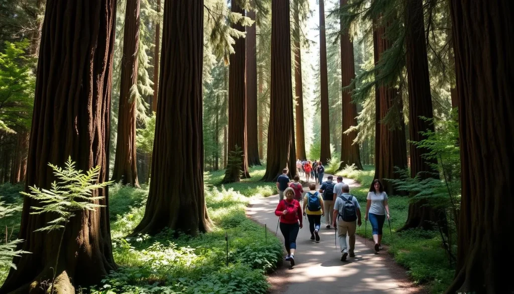 Hiking trail through redwoods at Reynolds Wayside Campground with diverse group of hikers