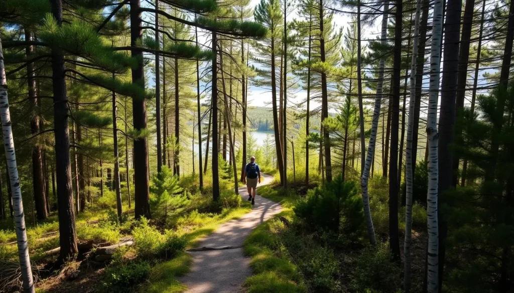 Hiking trail through taiga forest with views of Bratsk Reservoir