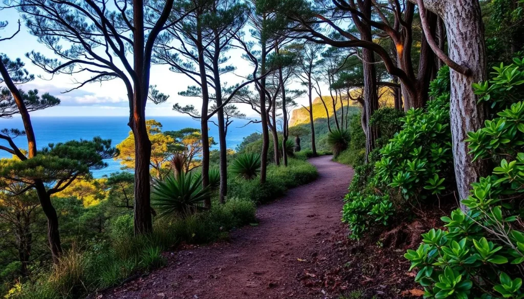 Hiking trail through the Hundred Acres Reserve on Norfolk Island with ocean views