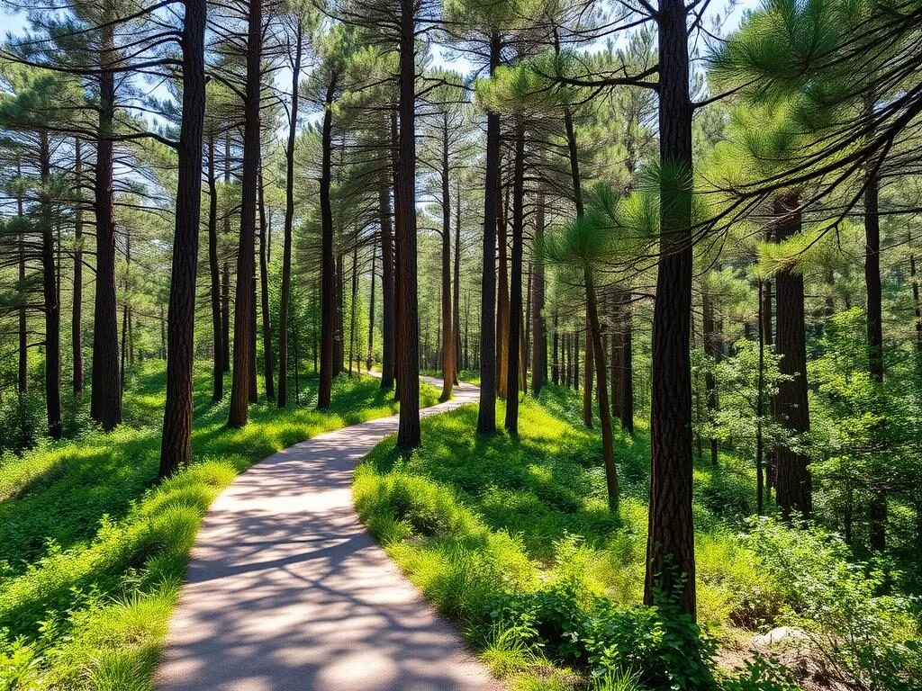 Hiking trail through the forest of Jebel Chitana-Cap Negro National Park with sunlight filtering through trees