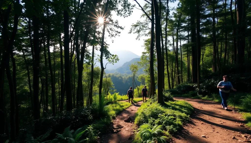 Hiking trail through the forests near Bandung with mountain views, showcasing outdoor Bandung Indonesia things to do