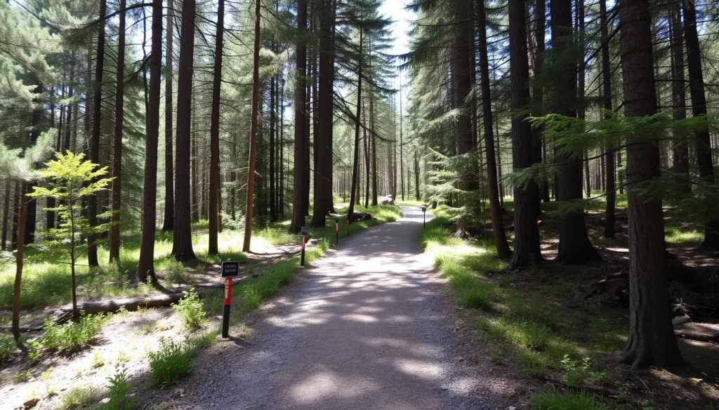 Hiking trail through the forests of Bashkiriya National Park with marked pathways Hiking trail through the forests of Bashkiriya National Park with marked pathways