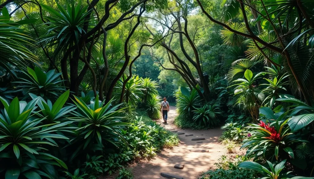 Hiking trail through the lush jungle of Huatulco National Park with diverse vegetation