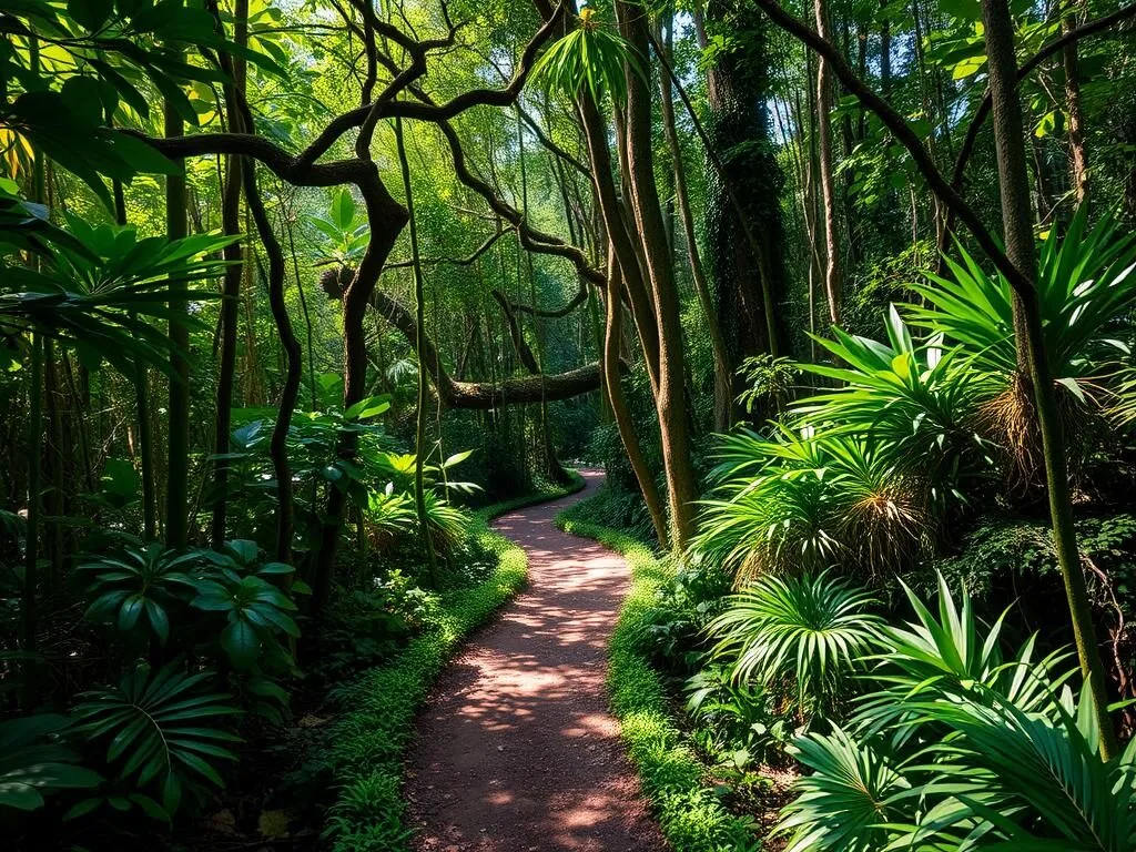 Hiking trail through the lush rainforest near Brickaville with dense vegetation and sunlight filtering through the canopy