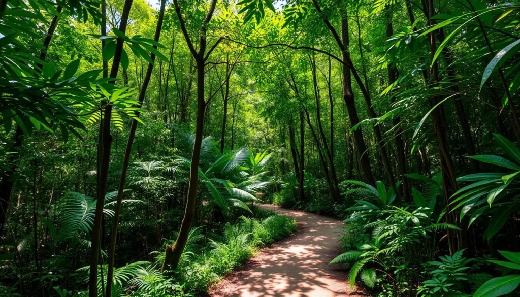 Hiking trail through the rainforest at Five Blues Lake National Park