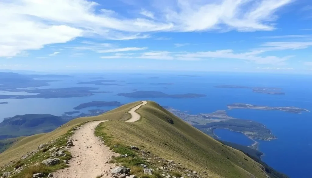 Hiking trail to Mount Richards on Saunders Island with panoramic views