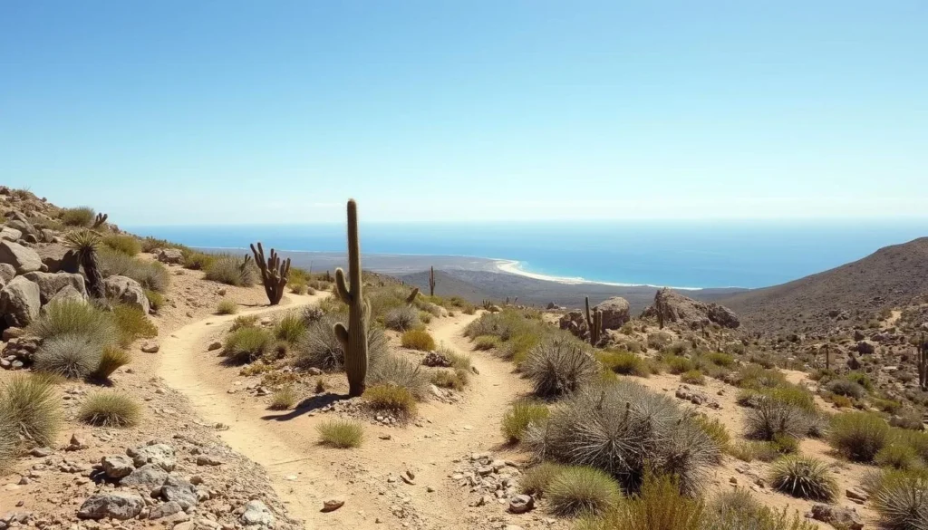 Hiking trail with desert vegetation on Isla Partida, Mexico