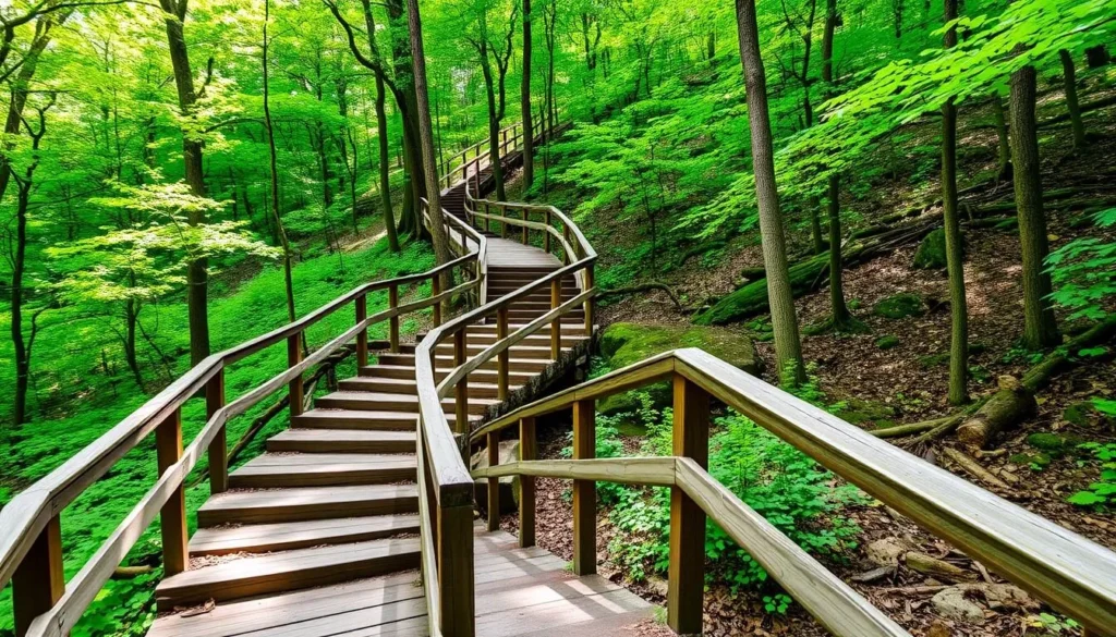 Hiking trail with wooden steps and railings at Hocking Hills State Park