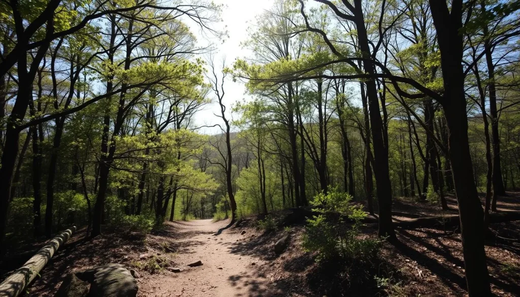 Hiking trails at Erwin Park in McKinney Texas with dense forest