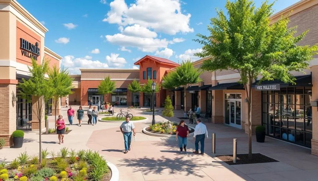 Hillside Village outdoor shopping center in Cedar Hill with shoppers Hillside Village outdoor shopping center in Cedar Hill with shoppers