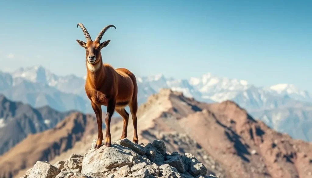 Himalayan tahr on a rocky slope in the Annapurna Conservation Area with mountains in the background
