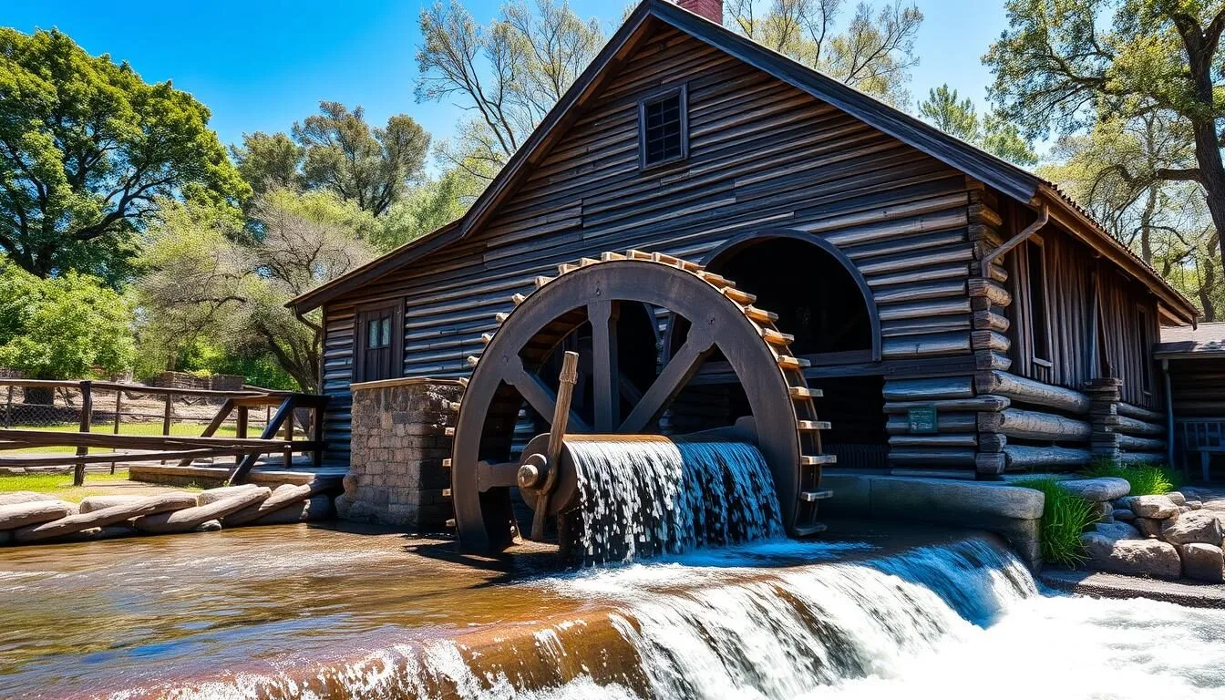 Historic Bale Grist Mill with its 36-foot water wheel turning in Napa Valley, California