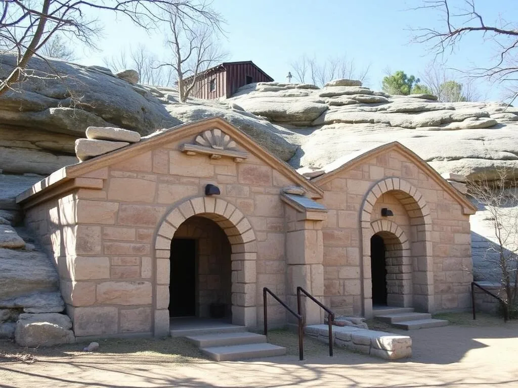 Historic CCC-built structures at Longhorn Cavern State Park, Texas showing the stone architecture