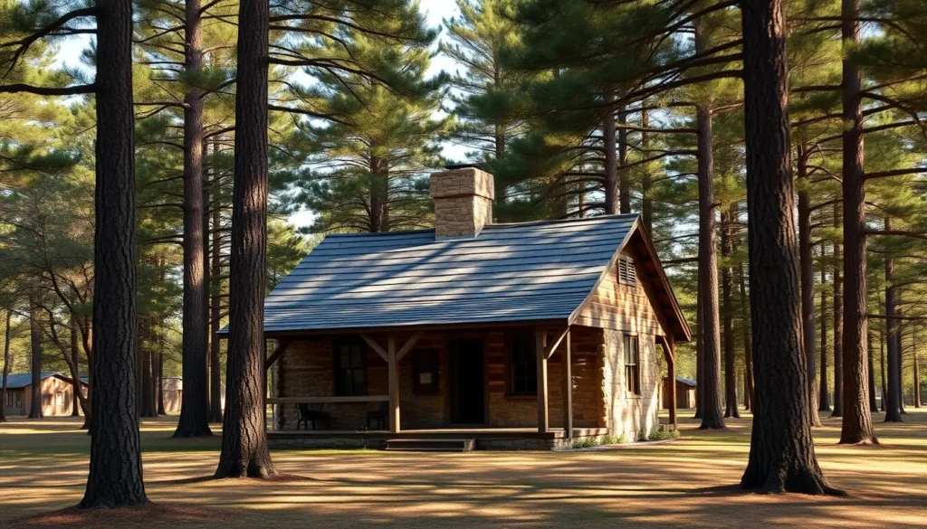 Historic CCC cabin at Caddo Lake State Park surrounded by pine trees Historic CCC cabin at Caddo Lake State Park surrounded by pine trees