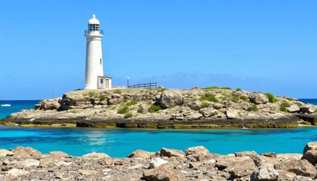 Historic Castle Island Lighthouse at the southern tip of Acklins