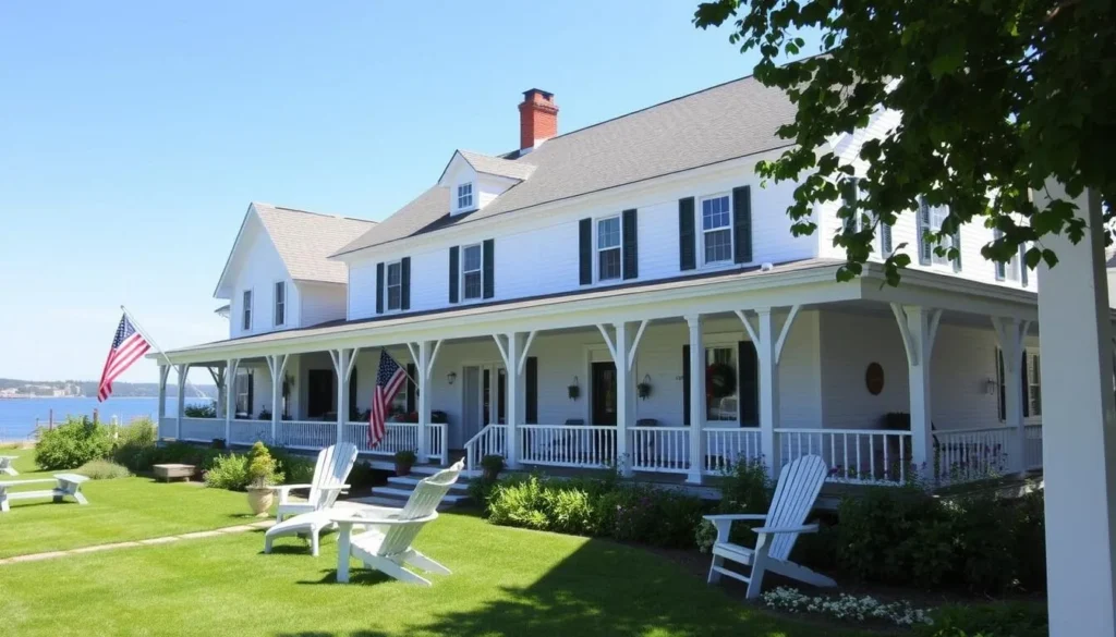 Historic Chebeague Island Inn with its white facade and wrap-around porch overlooking Casco Bay