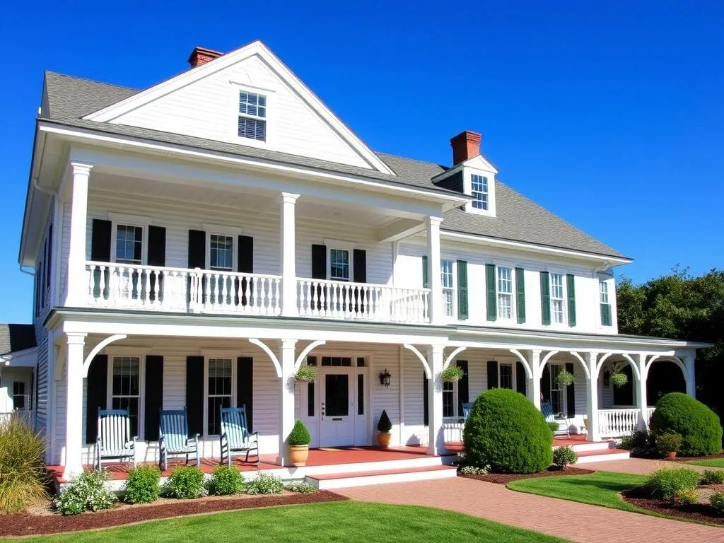 Historic Chebeague Island Inn with its white facade and wrap-around porch
