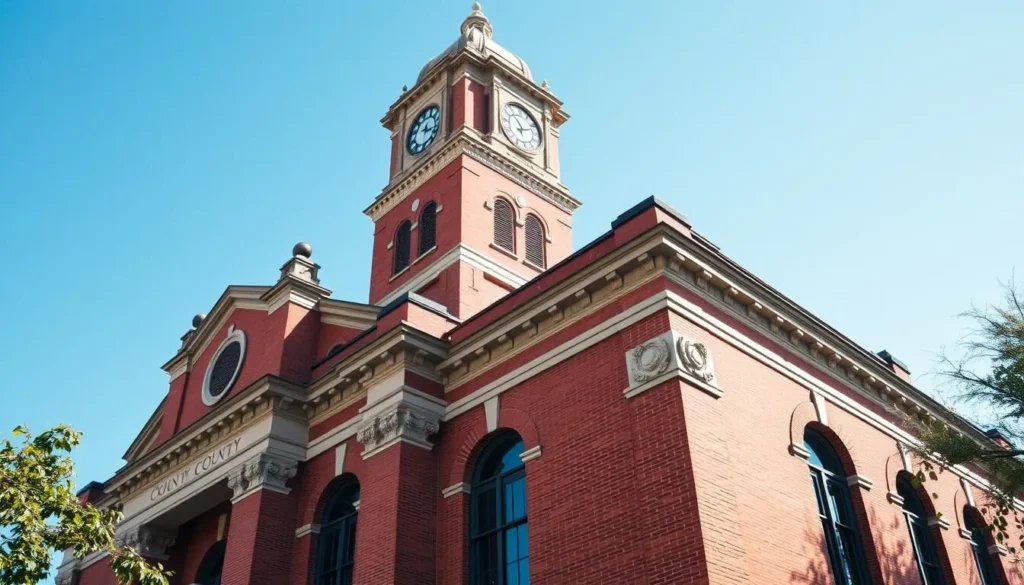 Historic Denton County Courthouse with its distinctive architecture and clock tower