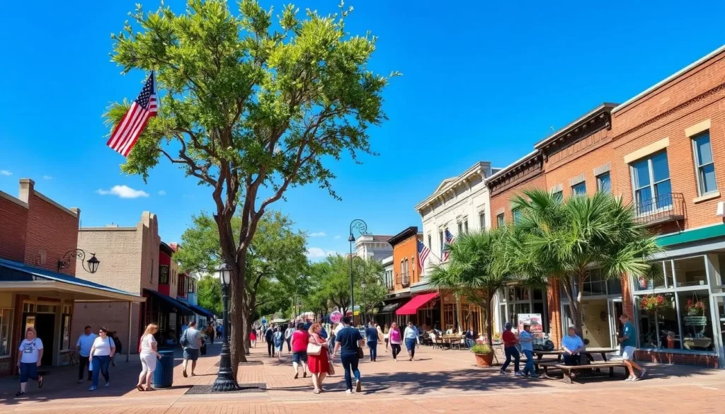 Historic Downtown Celina Texas square with shops and visitors