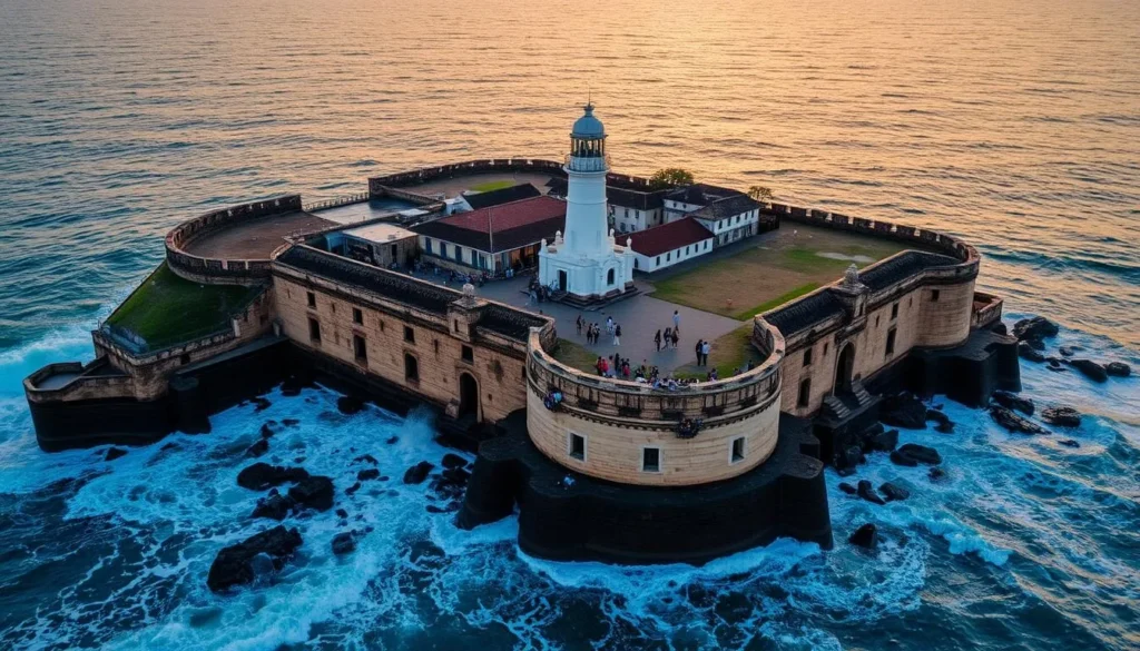 Historic Galle Fort at sunset with ancient walls and lighthouse
