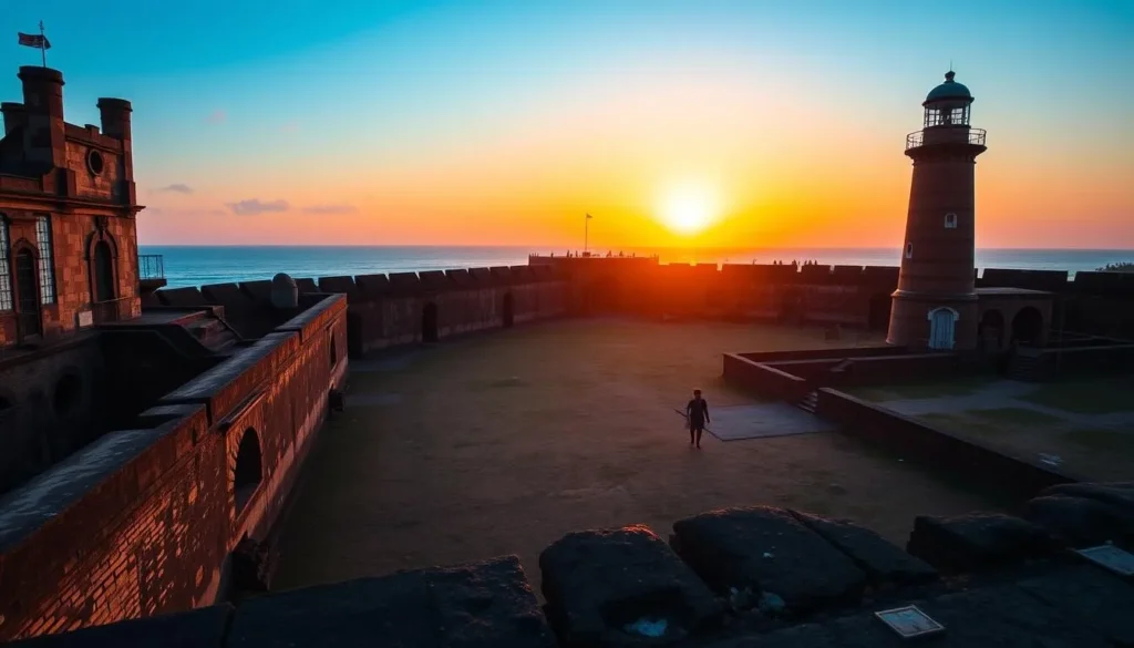 Historic Galle Fort at sunset with lighthouse visible
