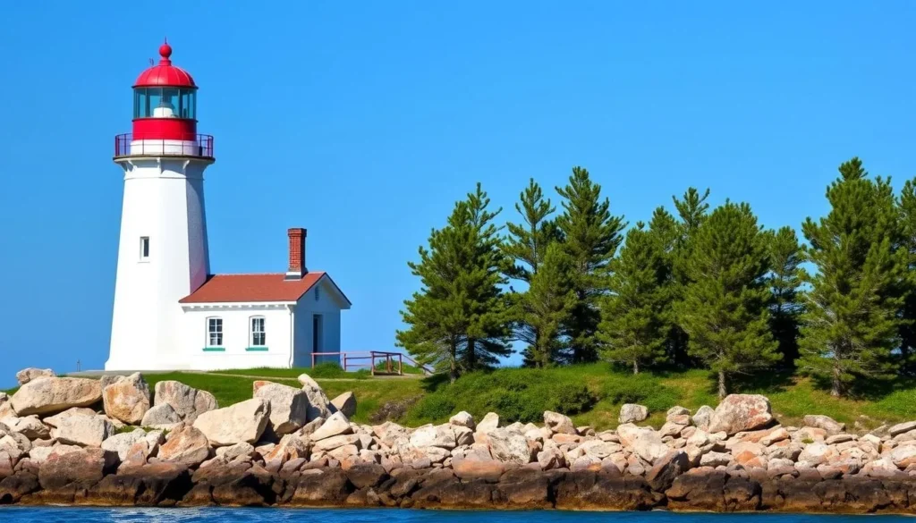 Historic Killarney East Lighthouse with its white tower and red top against a blue sky - historical things to do in Killarney, Ontario