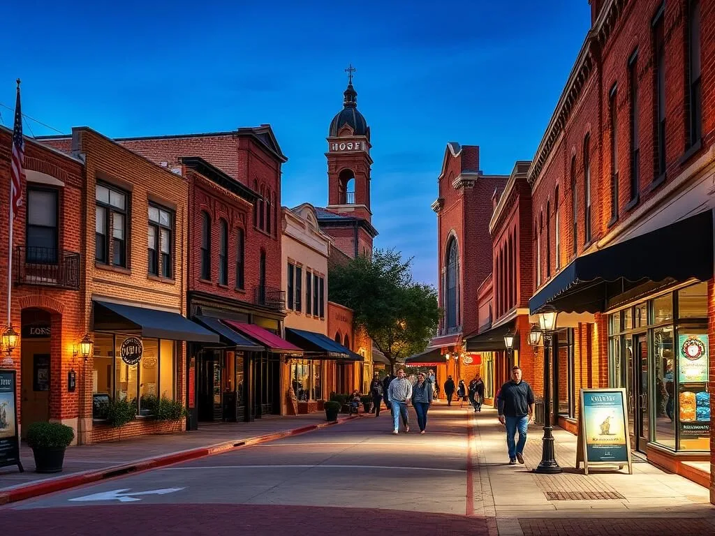 Historic Main Street in Grapevine Texas with shops and restaurants