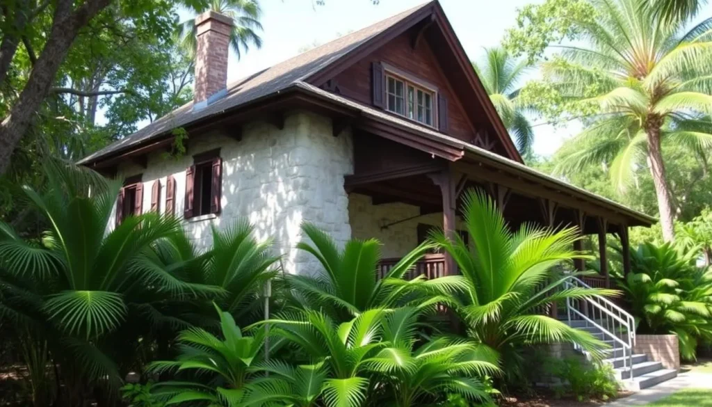 Historic Matheson House at Lignumvitae Key Botanical State Park with tropical vegetation surrounding it Historic Matheson House at Lignumvitae Key Botanical State Park with tropical vegetation surrounding it