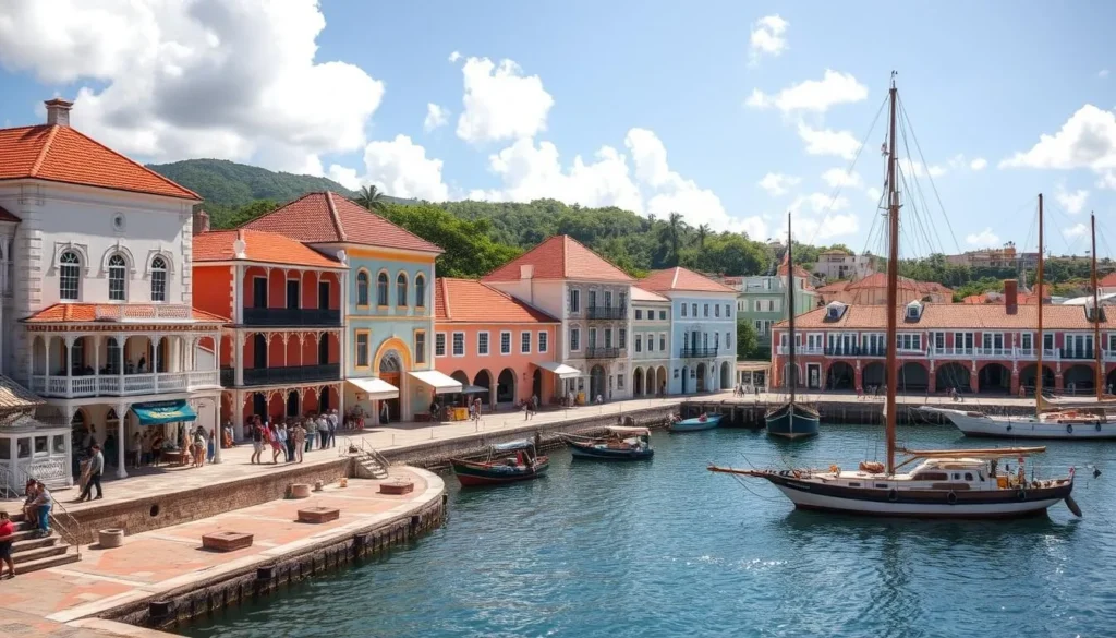 Historic Nelson's Dockyard in Antigua with restored colonial buildings and sailboats in the harbor