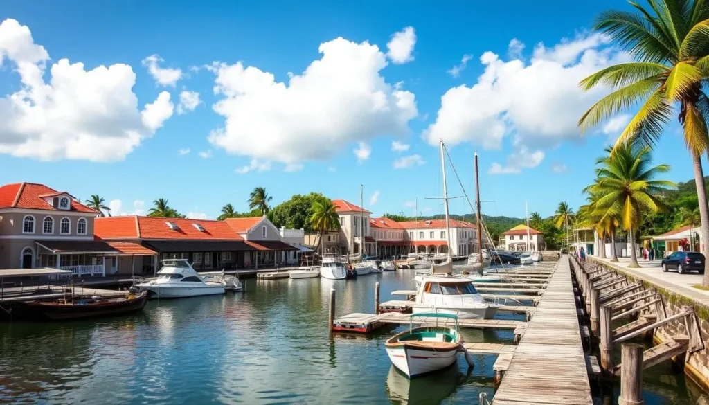 Historic Nelson's Dockyard with restored colonial buildings and boats in harbor