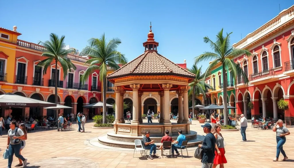 Historic Plaza Machado in Mazatlán's Centro Histórico with colorful buildings