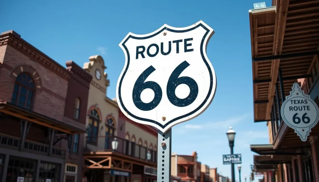 Historic Route 66 sign in downtown Amarillo Texas with vintage buildings