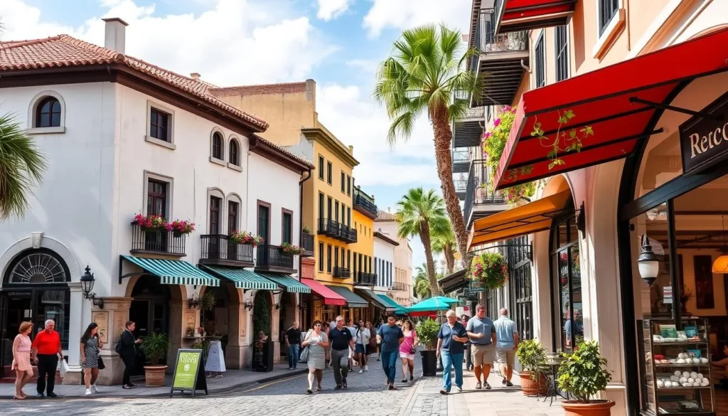 Historic St. George Street in St. Augustine with shops and Spanish colonial architecture Historic St. George Street in St. Augustine with shops and Spanish colonial architecture