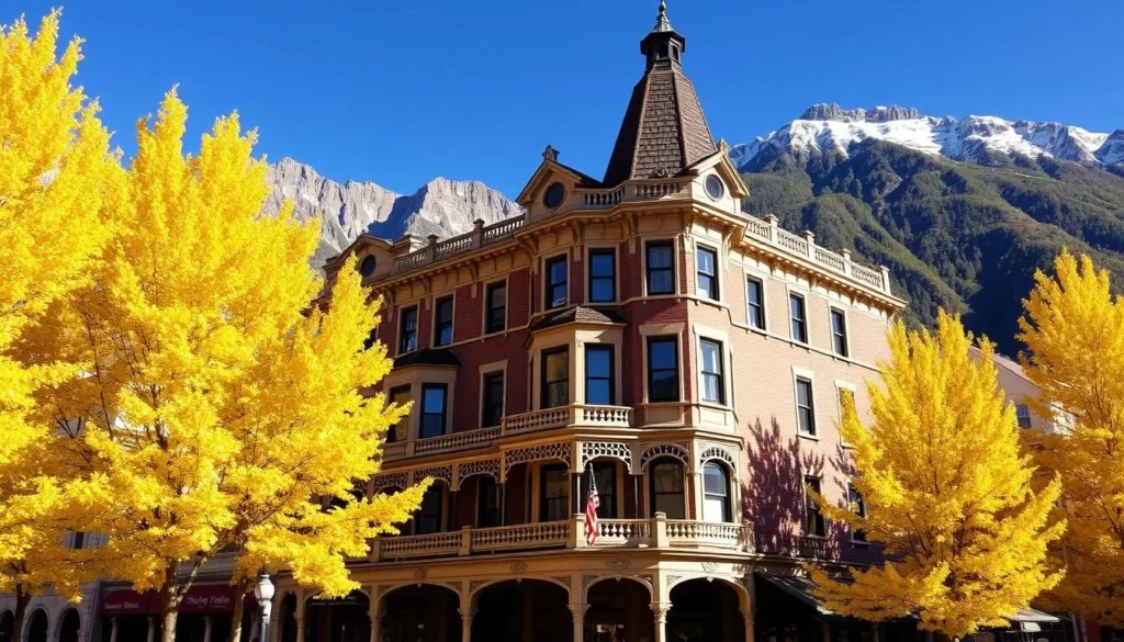 Historic Victorian hotel in downtown Ouray Colorado with mountain backdrop during fall, one of the best months to visit