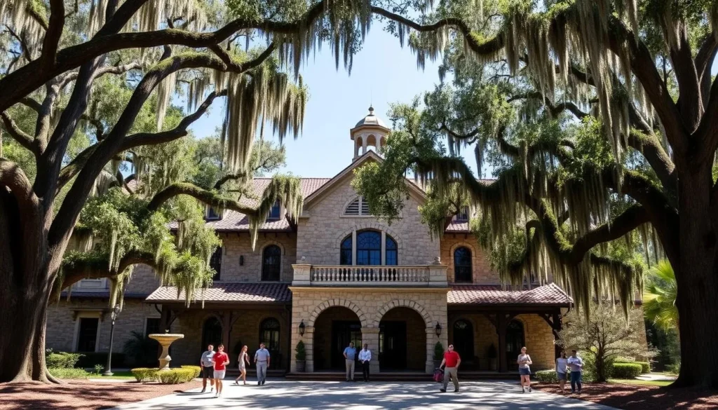 Historic Wakulla Springs Lodge exterior with Spanish moss-draped trees