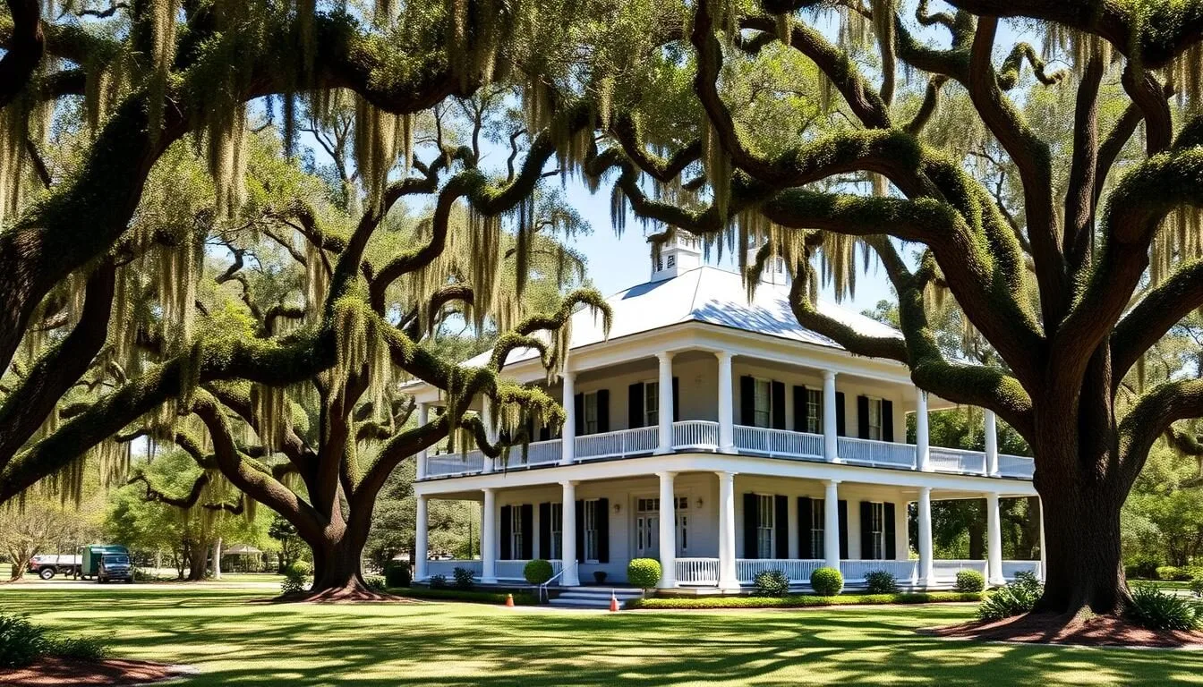 Historic Wesley House mansion at Eden Gardens State Park, Florida surrounded by moss-draped live oak trees