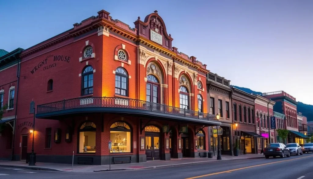 Historic Wright Opera House in downtown Ouray Colorado illuminated at dusk