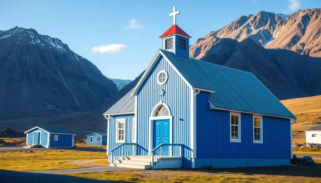 Historic blue Bethel Church in Sisimiut, Greenland - oldest church in Greenland
