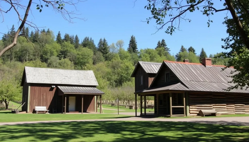 Historic buildings at Dorris Ranch Living History Farm with hazelnut orchards in the background Historic buildings at Dorris Ranch Living History Farm with hazelnut orchards in the background