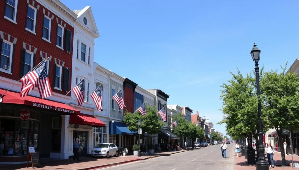 Historic downtown Bristol Rhode Island with shops and colonial architecture Historic downtown Bristol Rhode Island with shops and colonial architecture